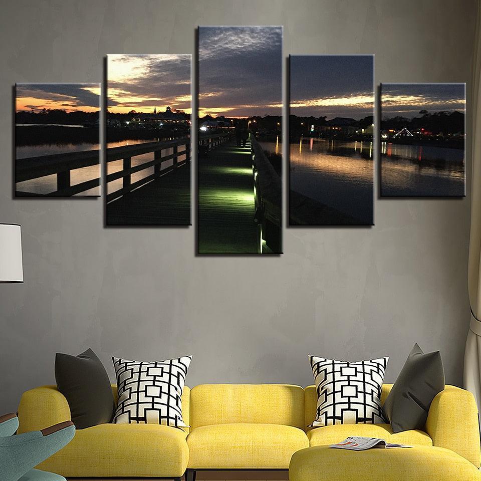 Night View Of Beach 5 Piece HD Multi Panel Canvas Wall Art Frame-Original Frame