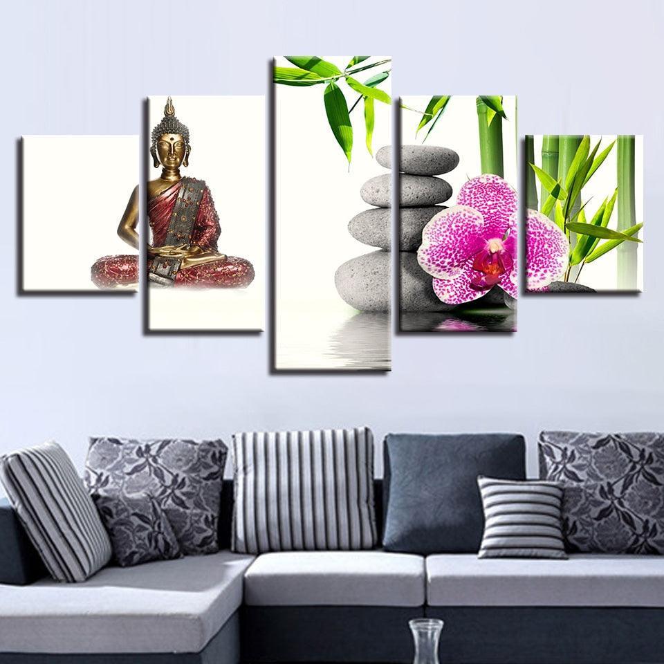 Buddha Statue 5 Piece HD Multi Panel Canvas Wall Art Frame-Original Frame