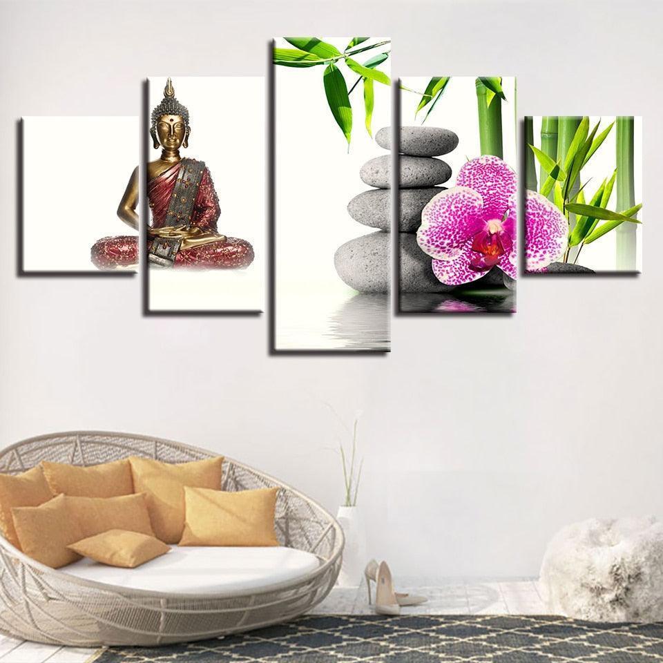 Buddha Statue 5 Piece HD Multi Panel Canvas Wall Art Frame-Original Frame