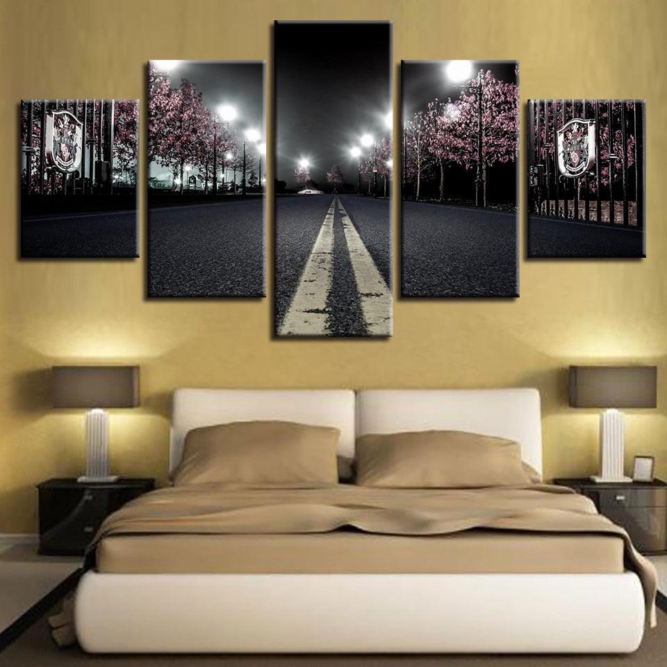 Cherry Blossoms Street Nightscape 5 Piece HD Multi Panel Canvas Wall Art Frame-Original Frame