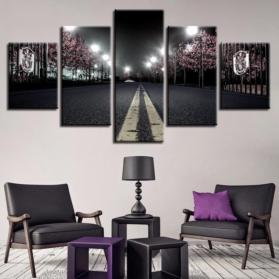 Cherry Blossoms Street Nightscape 5 Piece HD Multi Panel Canvas Wall Art Frame-Original Frame