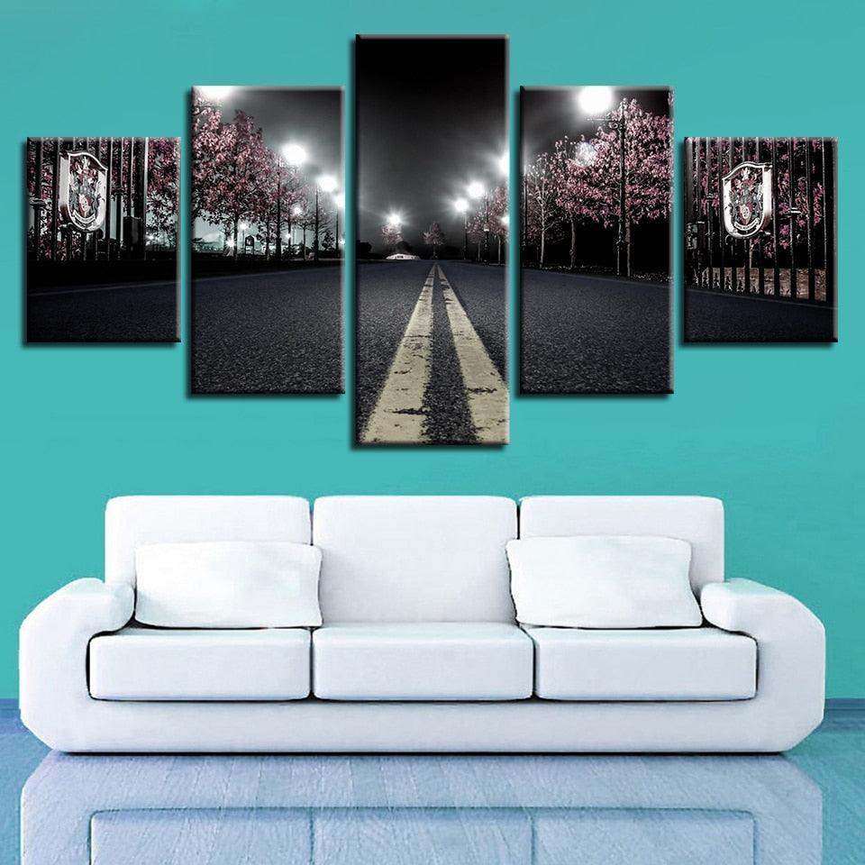 Cherry Blossoms Street Nightscape 5 Piece HD Multi Panel Canvas Wall Art Frame-Original Frame