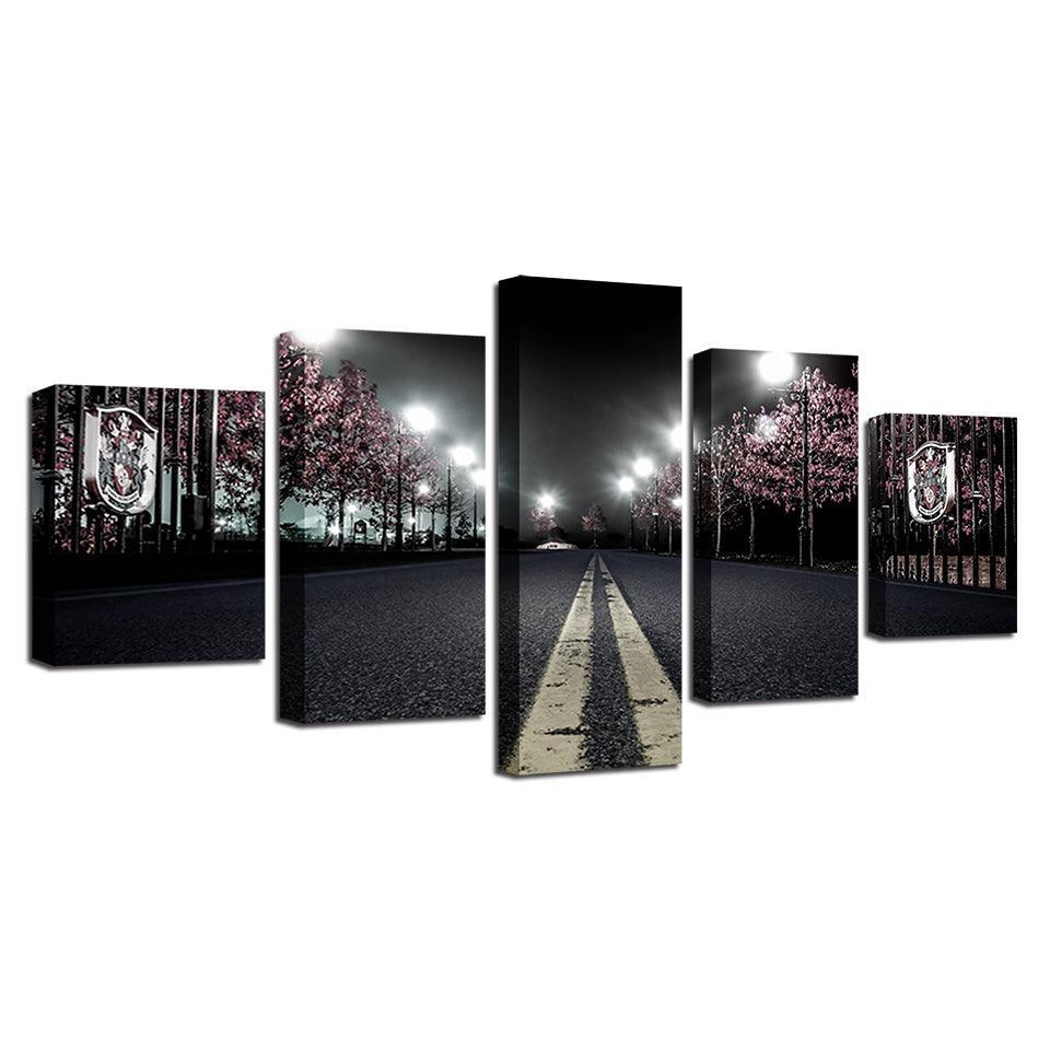 Cherry Blossoms Street Nightscape 5 Piece HD Multi Panel Canvas Wall Art Frame-Original Frame