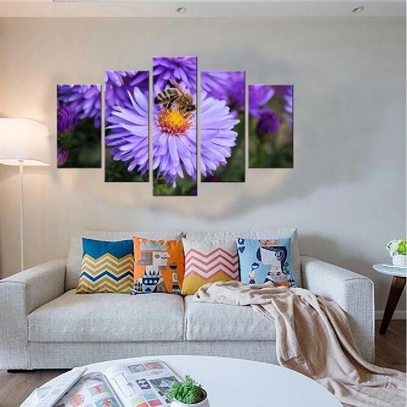 Bee & Flower 5 Piece HD Multi Panel Canvas Wall Art Frame-Original Frame