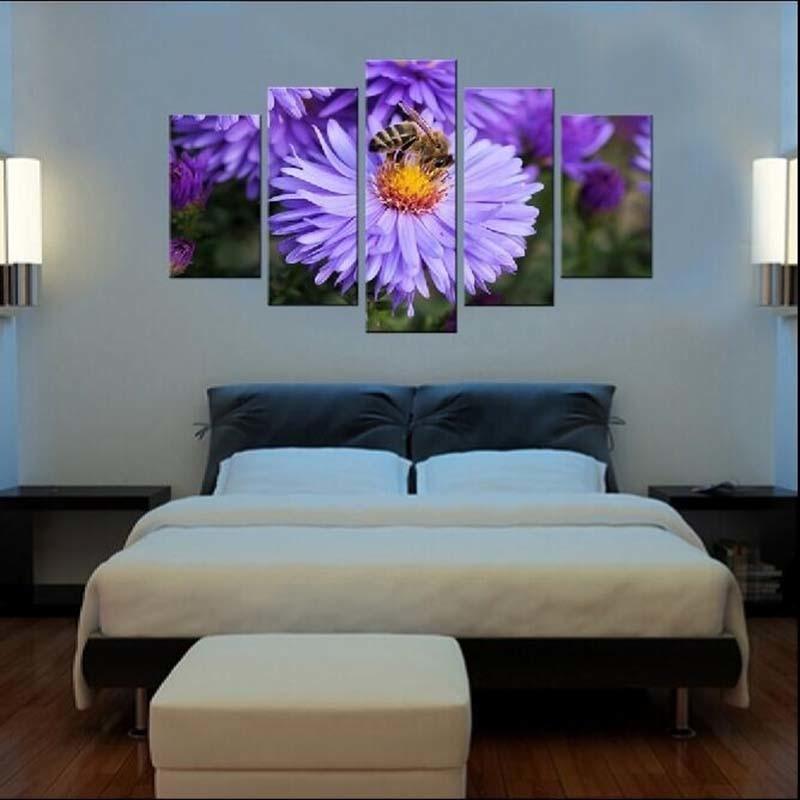 Bee & Flower 5 Piece HD Multi Panel Canvas Wall Art Frame-Original Frame