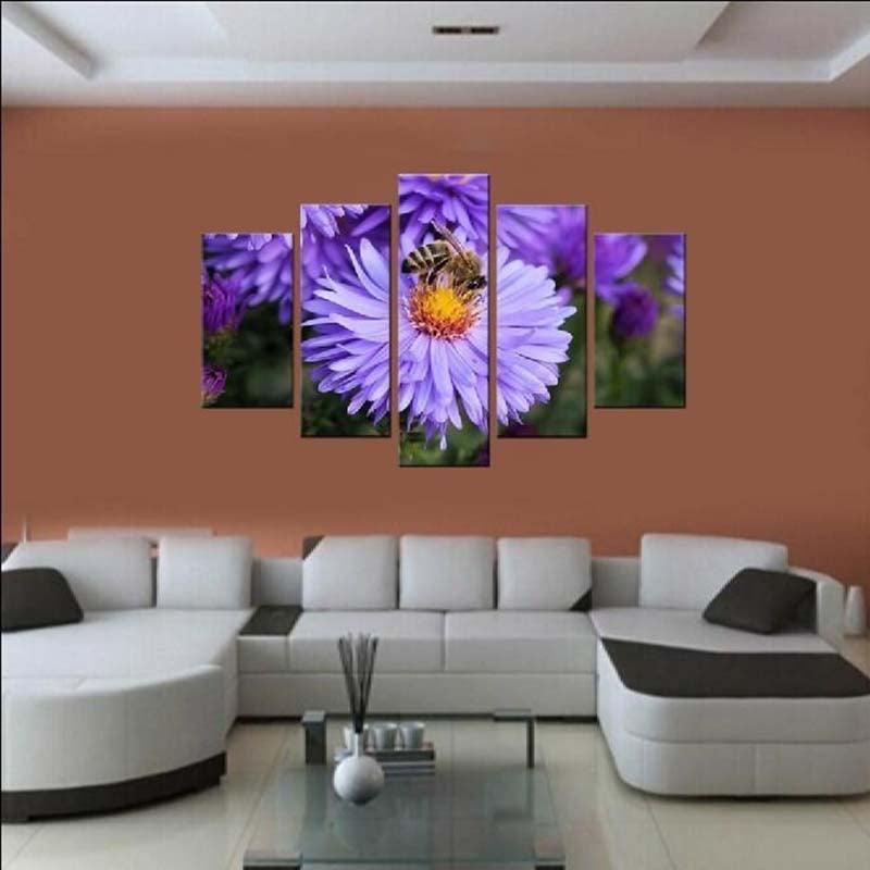 Bee & Flower 5 Piece HD Multi Panel Canvas Wall Art Frame-Original Frame