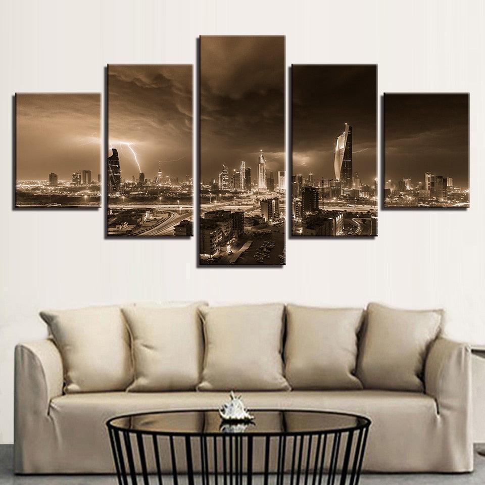Lightning Dark Clouds 5 Piece HD Multi Panel Canvas Wall Art Frame-Original Frame