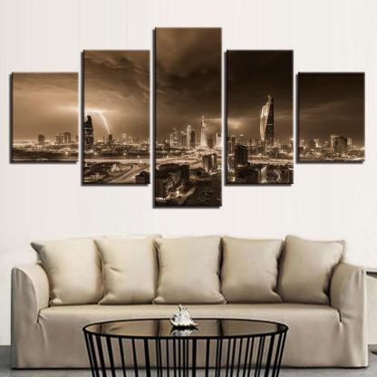 Lightning Dark Clouds 5 Piece HD Multi Panel Canvas Wall Art Frame-Original Frame