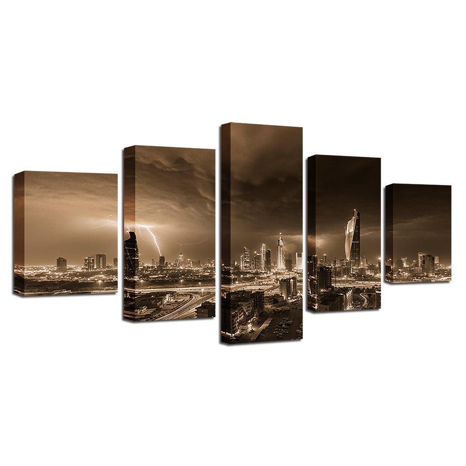 Lightning Dark Clouds 5 Piece HD Multi Panel Canvas Wall Art Frame-Original Frame