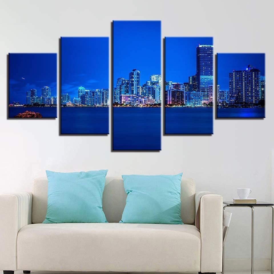 Blue City-lights 5 Piece HD Multi Panel Canvas Wall Art Frame-Original Frame