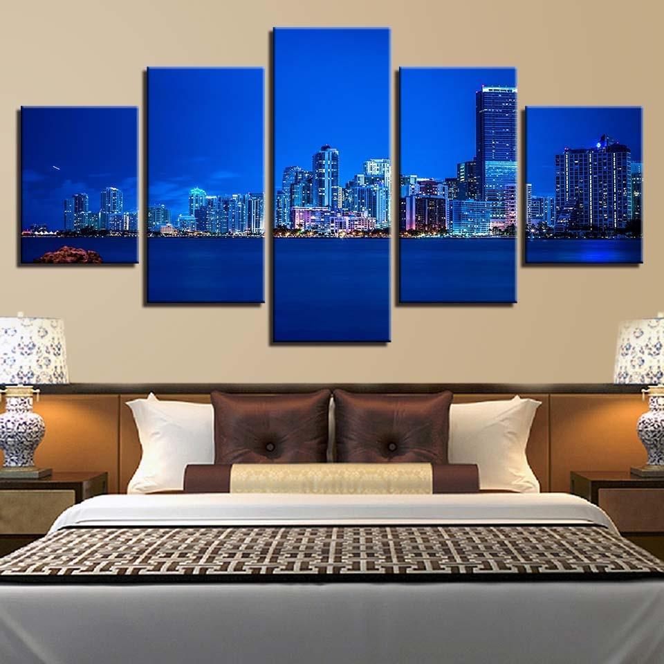 Blue City-lights 5 Piece HD Multi Panel Canvas Wall Art Frame-Original Frame