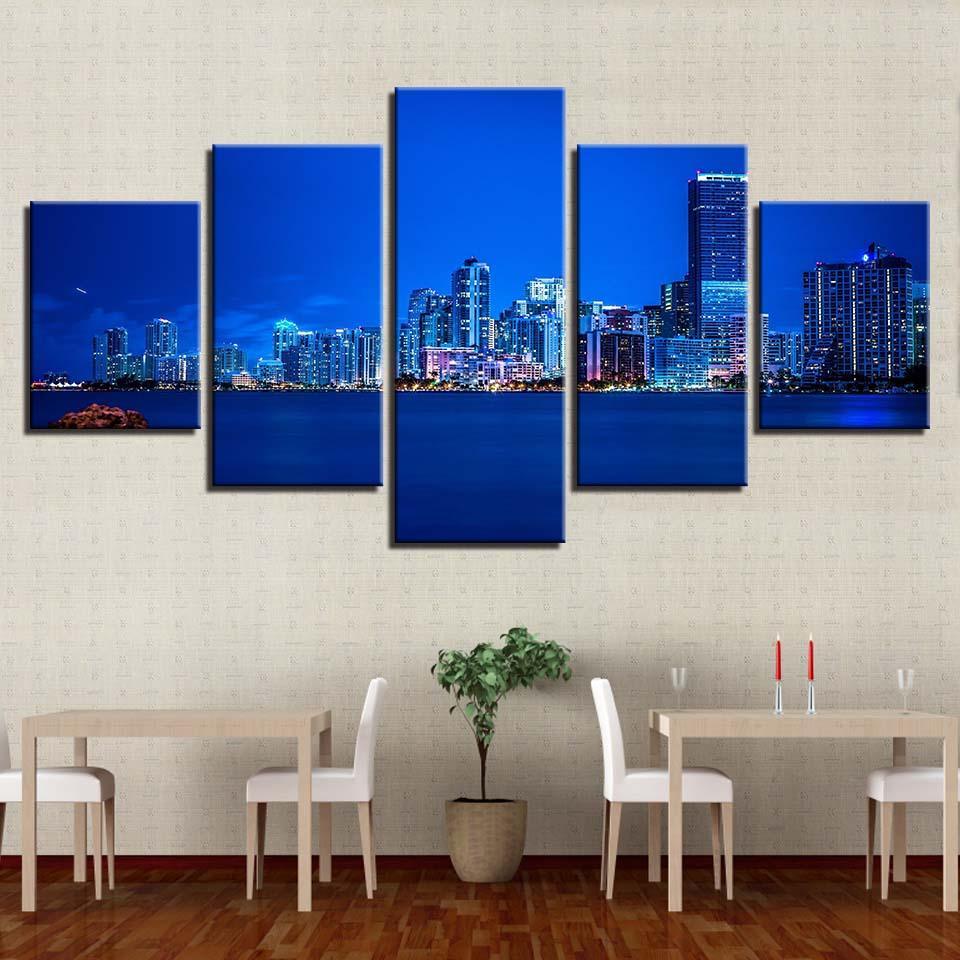 Blue City-lights 5 Piece HD Multi Panel Canvas Wall Art Frame-Original Frame