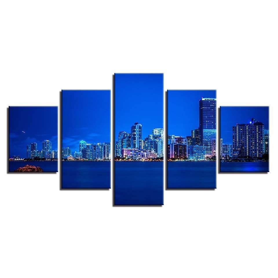 Blue City-lights 5 Piece HD Multi Panel Canvas Wall Art Frame-Original Frame