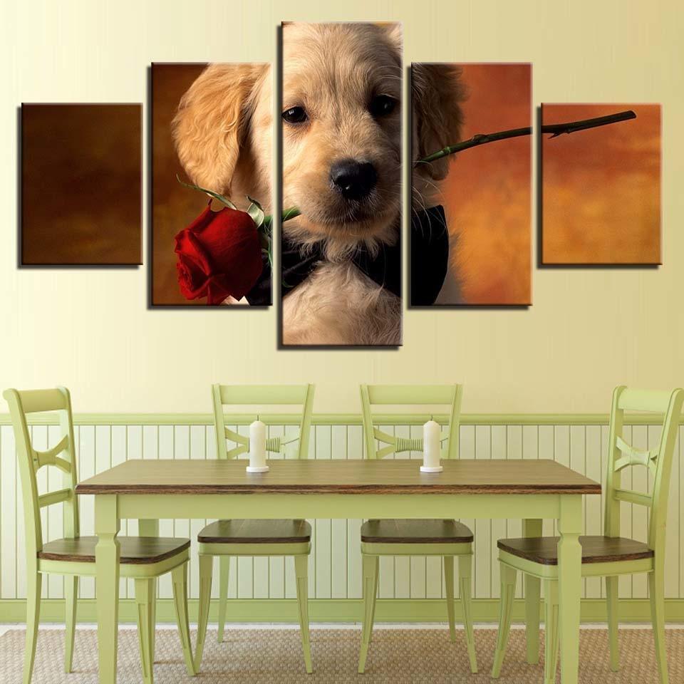 Puppy With Rose 5 Piece HD Multi Panel Canvas Wall Art Frame-Original Frame