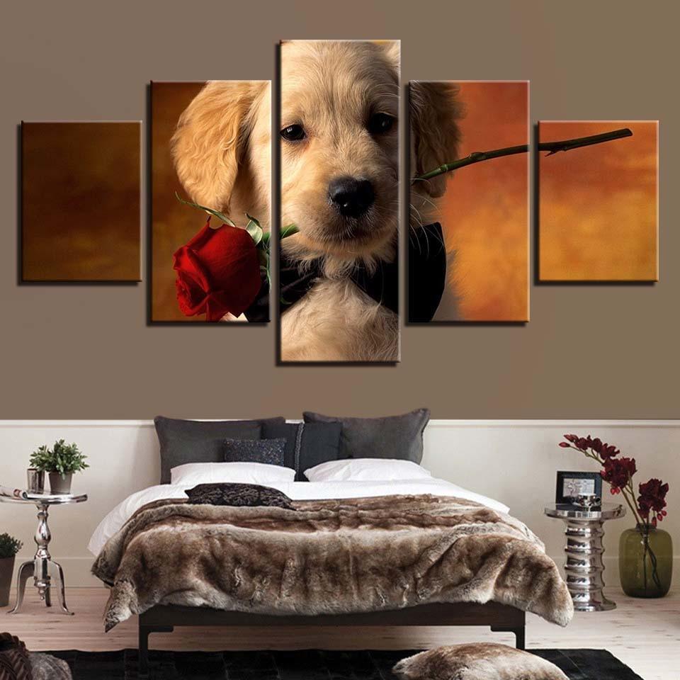 Puppy With Rose 5 Piece HD Multi Panel Canvas Wall Art Frame-Original Frame
