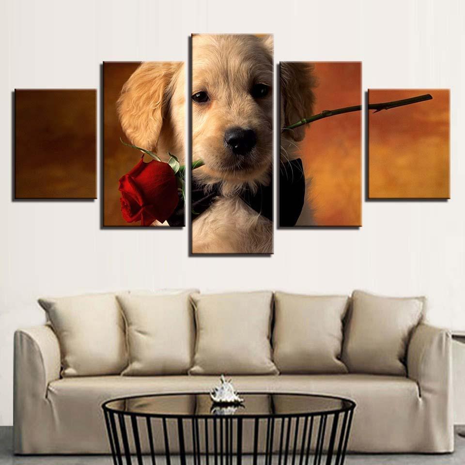 Puppy With Rose 5 Piece HD Multi Panel Canvas Wall Art Frame-Original Frame