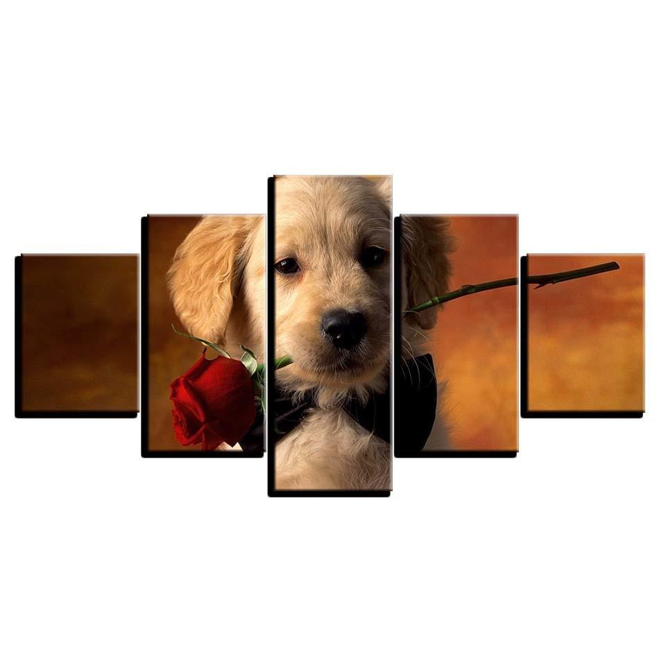 Puppy With Rose 5 Piece HD Multi Panel Canvas Wall Art Frame-Original Frame