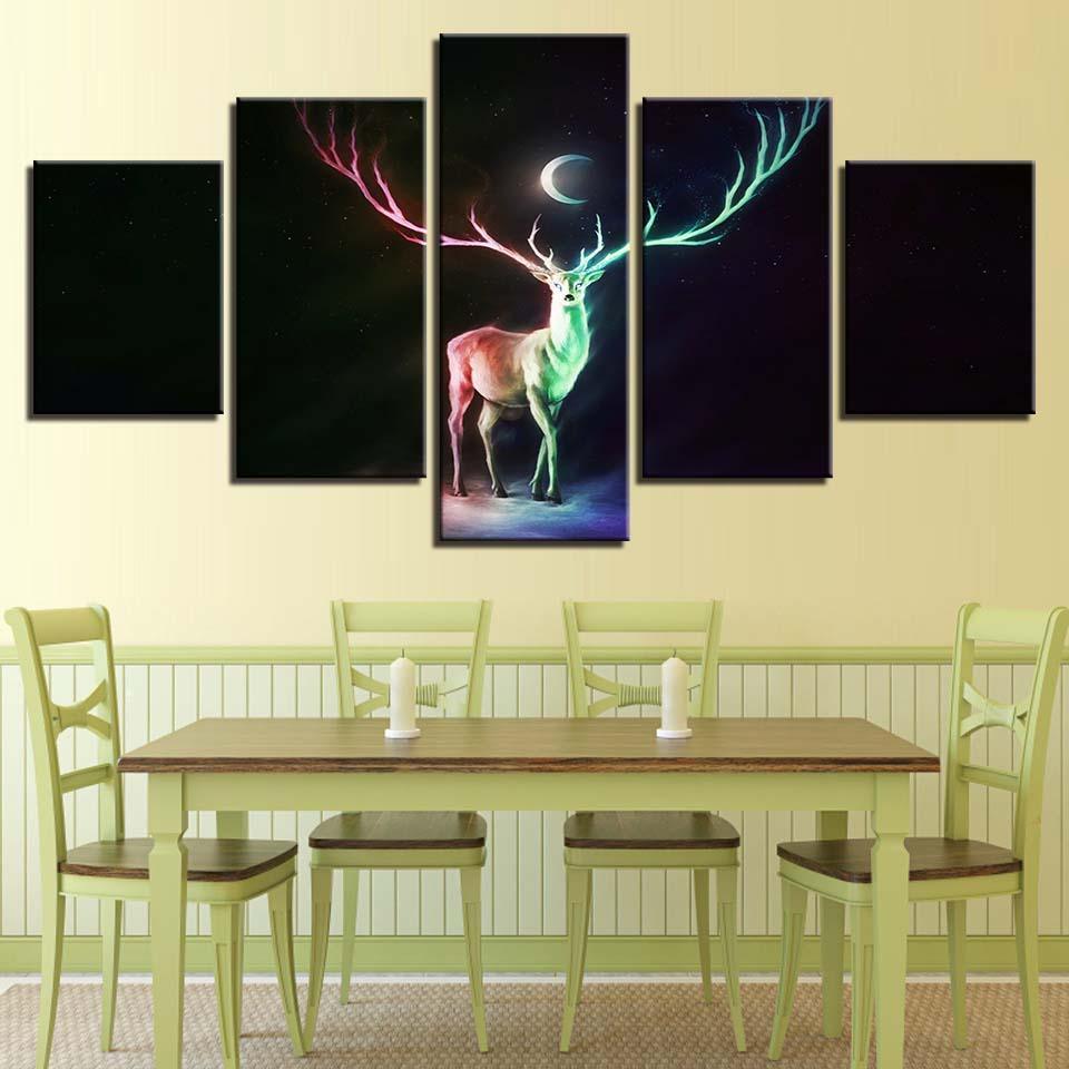 Abstract Deer And Moon Night 5 Piece HD Multi Panel Canvas Wall Art Frame-Original Frame