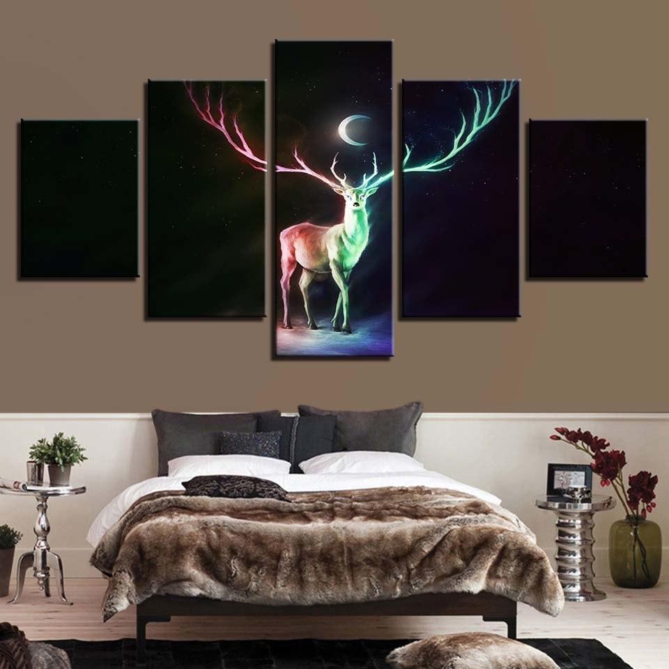 Abstract Deer And Moon Night 5 Piece HD Multi Panel Canvas Wall Art Frame-Original Frame