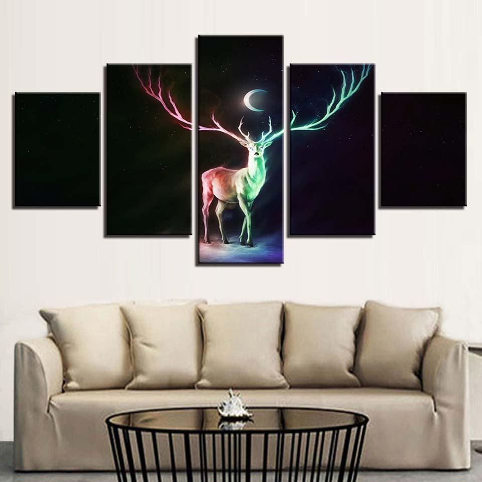 Abstract Deer And Moon Night 5 Piece HD Multi Panel Canvas Wall Art Frame-Original Frame