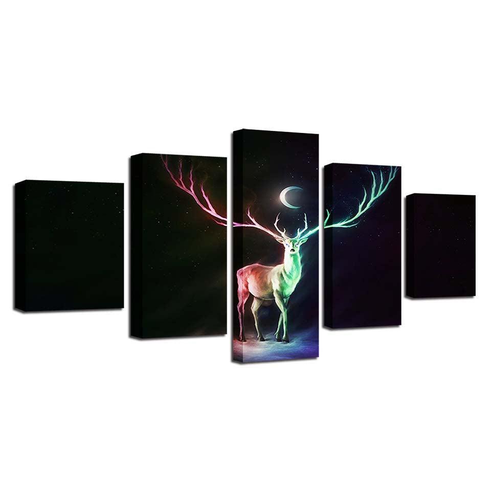 Abstract Deer And Moon Night 5 Piece HD Multi Panel Canvas Wall Art Frame-Original Frame