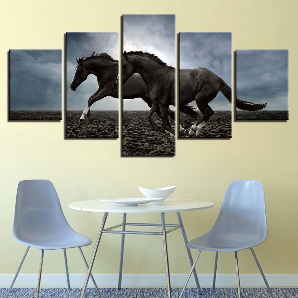 Two Horses Running 5 Piece HD Multi Panel Canvas Wall Art Frame-Original Frame