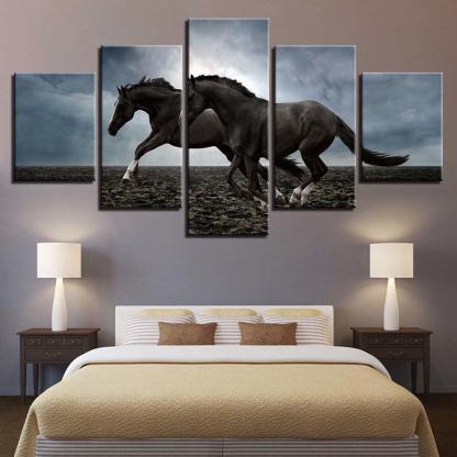 Two Horses Running 5 Piece HD Multi Panel Canvas Wall Art Frame-Original Frame