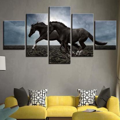 Two Horses Running 5 Piece HD Multi Panel Canvas Wall Art Frame-Original Frame