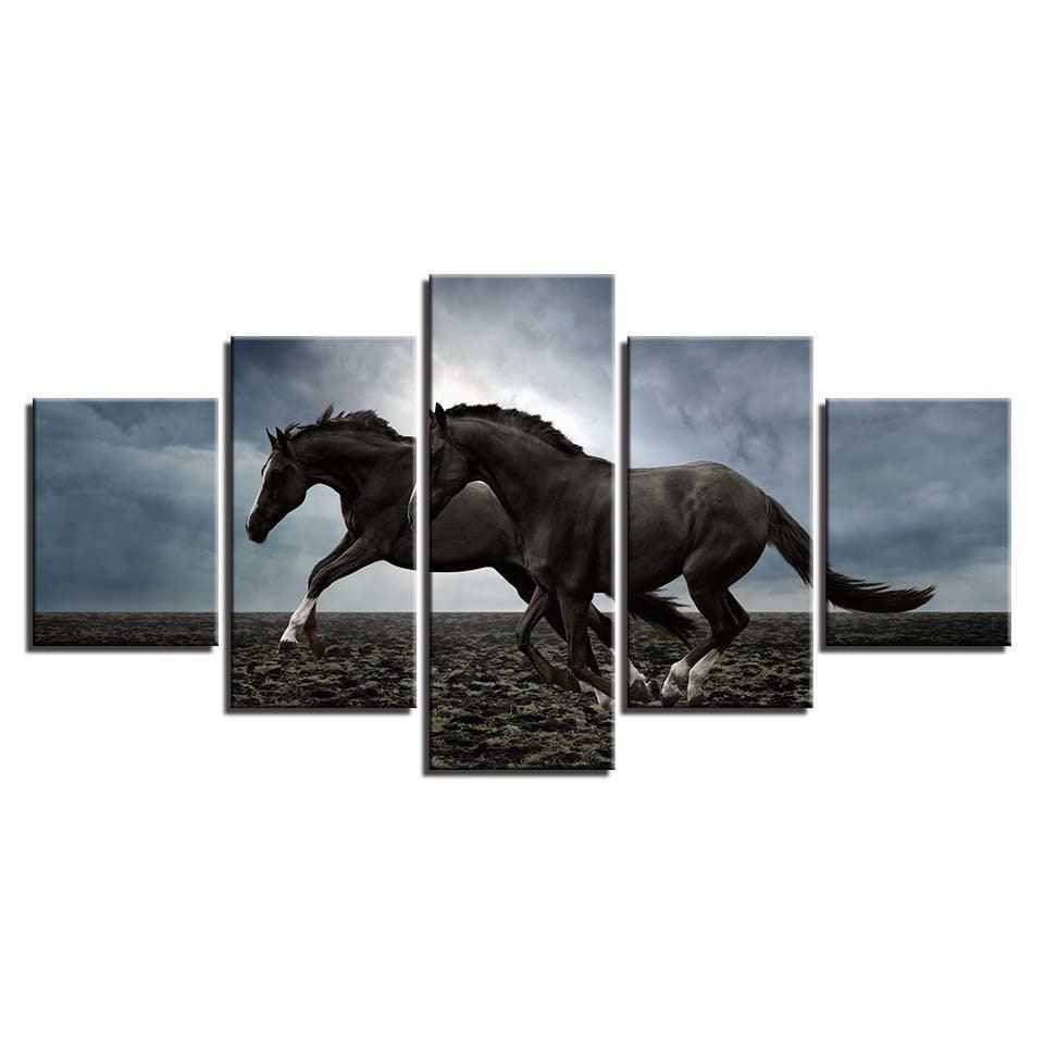 Two Horses Running 5 Piece HD Multi Panel Canvas Wall Art Frame-Original Frame