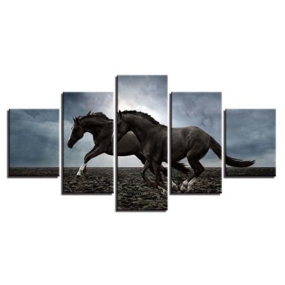 Two Horses Running 5 Piece HD Multi Panel Canvas Wall Art Frame-Original Frame