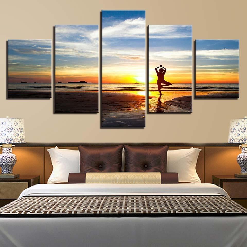 Women Yoga Sunset Scenery 5 Piece HD Multi Panel Canvas Wall Art Frame-Original Frame