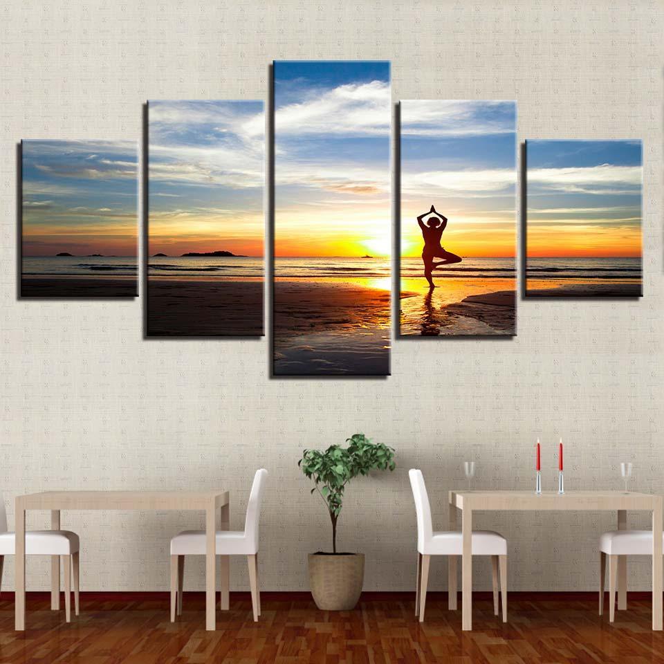 Women Yoga Sunset Scenery 5 Piece HD Multi Panel Canvas Wall Art Frame-Original Frame