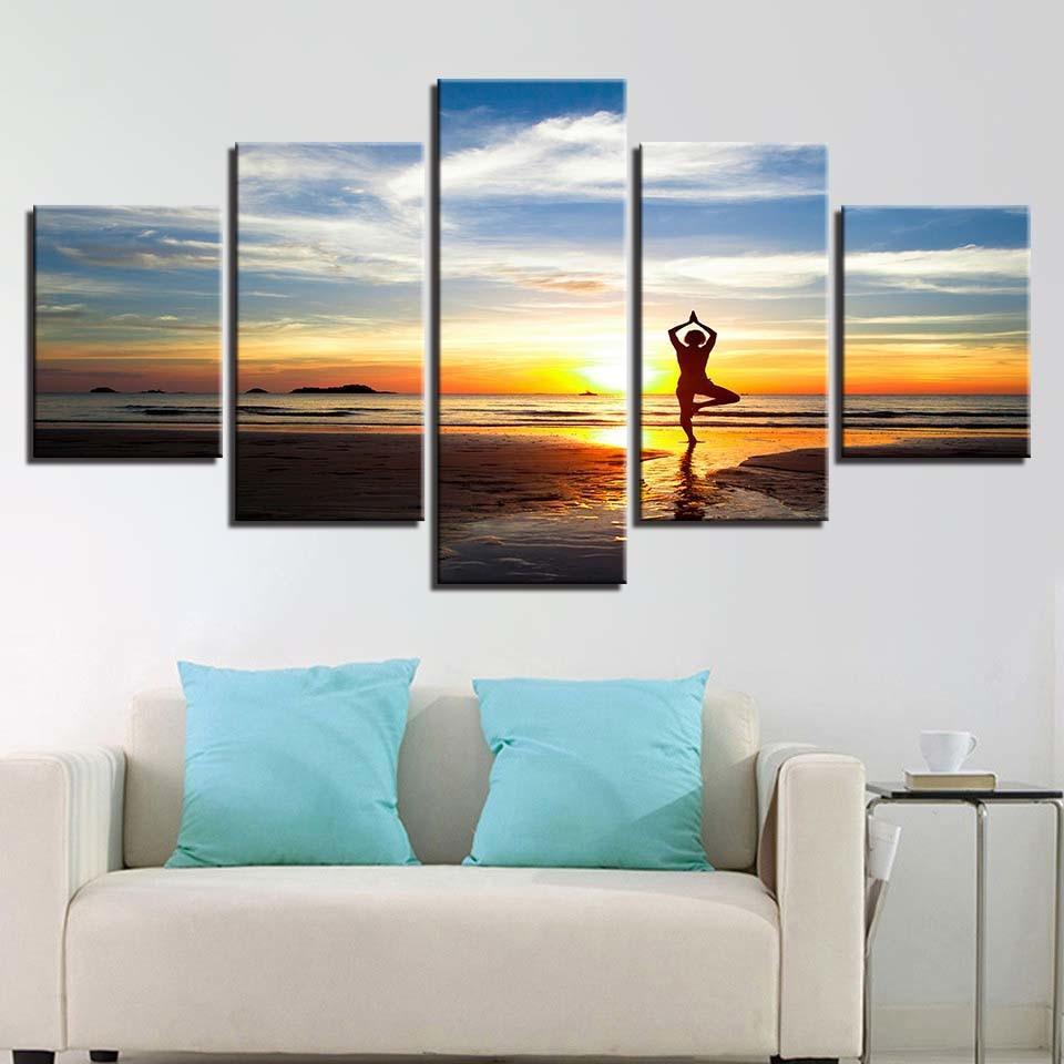 Women Yoga Sunset Scenery 5 Piece HD Multi Panel Canvas Wall Art Frame-Original Frame