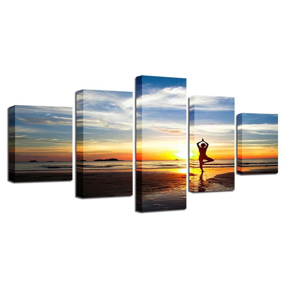Women Yoga Sunset Scenery 5 Piece HD Multi Panel Canvas Wall Art Frame-Original Frame