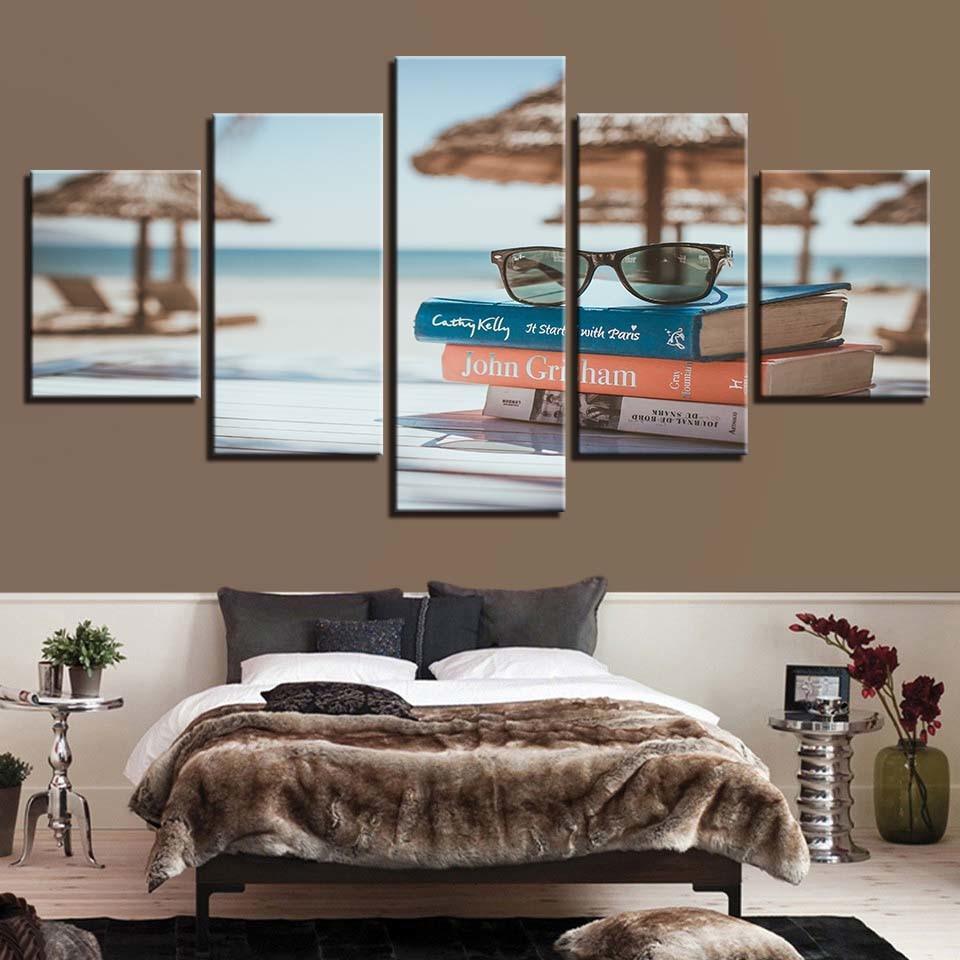 Glasses And Books By The Sea 5 Piece HD Multi Panel Canvas Wall Art Frame-Original Frame