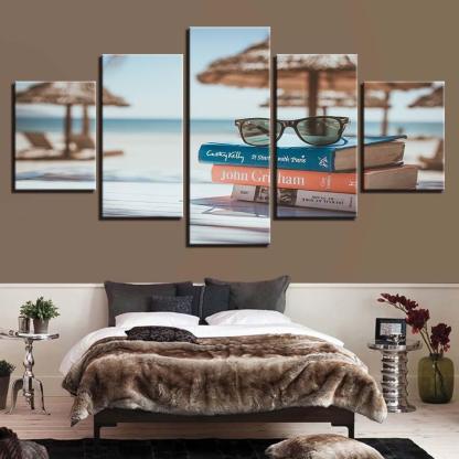 Glasses And Books By The Sea 5 Piece HD Multi Panel Canvas Wall Art Frame-Original Frame