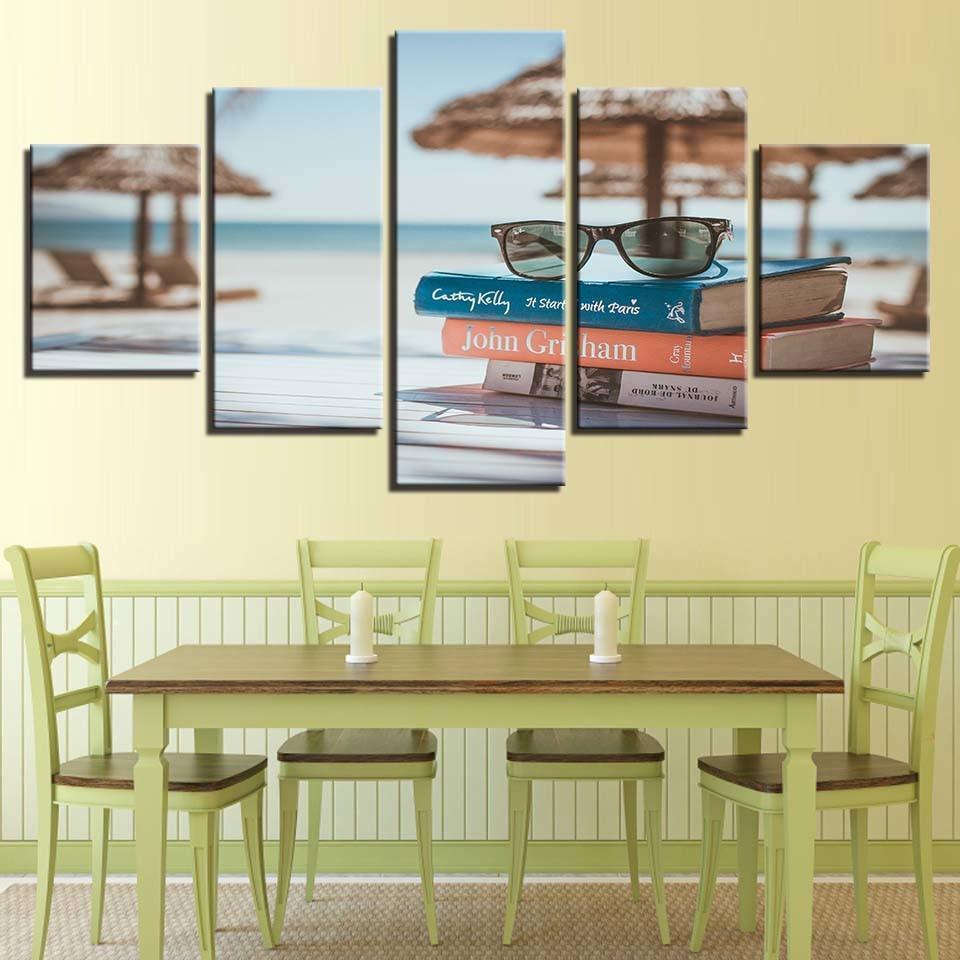 Glasses And Books By The Sea 5 Piece HD Multi Panel Canvas Wall Art Frame-Original Frame