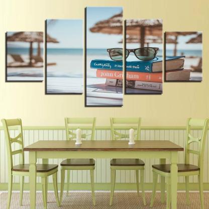 Glasses And Books By The Sea 5 Piece HD Multi Panel Canvas Wall Art Frame-Original Frame