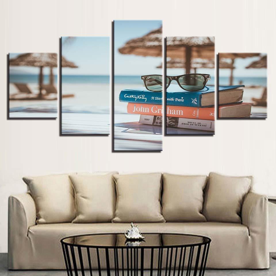 Glasses And Books By The Sea 5 Piece HD Multi Panel Canvas Wall Art Frame-Original Frame