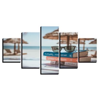 Glasses And Books By The Sea 5 Piece HD Multi Panel Canvas Wall Art Frame-Original Frame