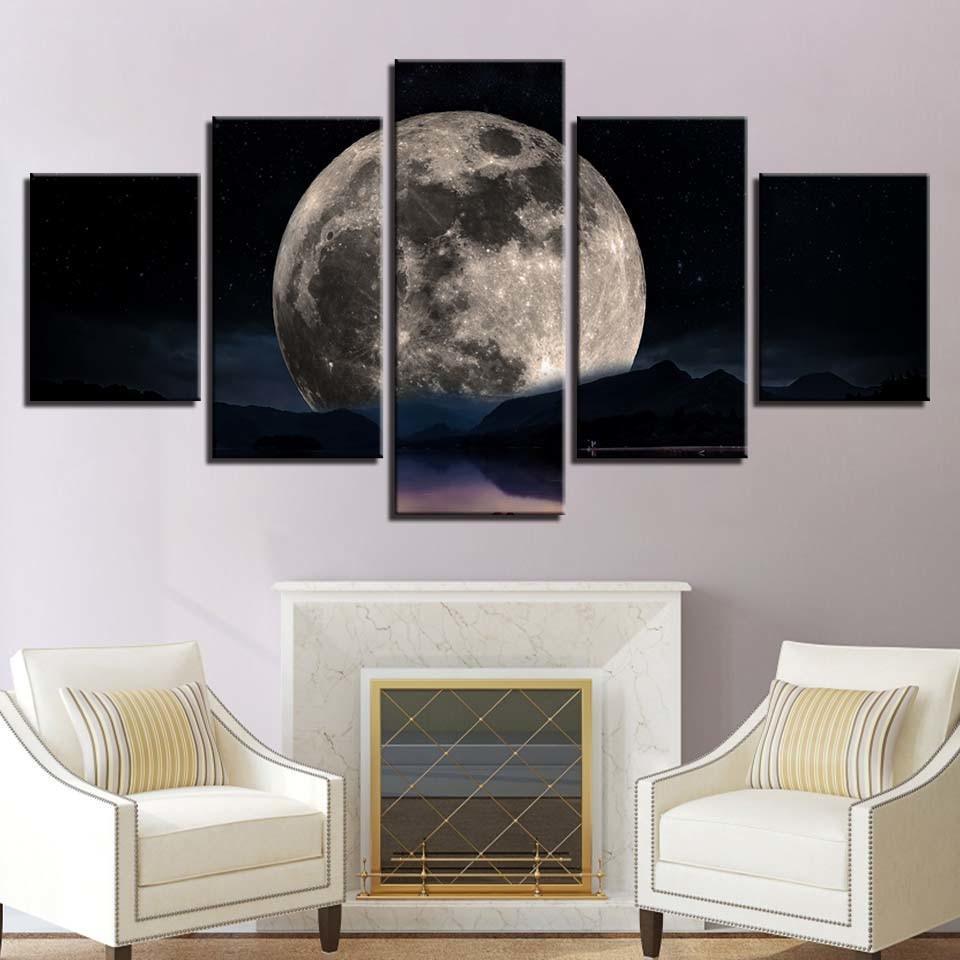 Moon Night View 5 Piece HD Multi Panel Canvas Wall Art Frame-Original Frame
