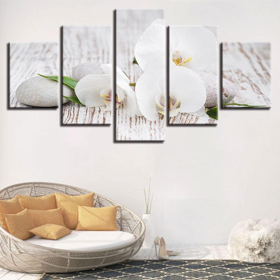White Phalaenopsis 5 Piece HD Multi Panel Canvas Wall Art Frame-Original Frame