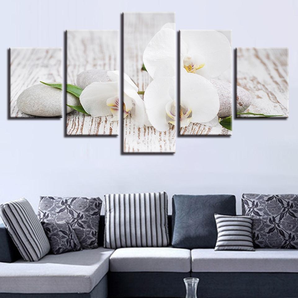 White Phalaenopsis 5 Piece HD Multi Panel Canvas Wall Art Frame-Original Frame