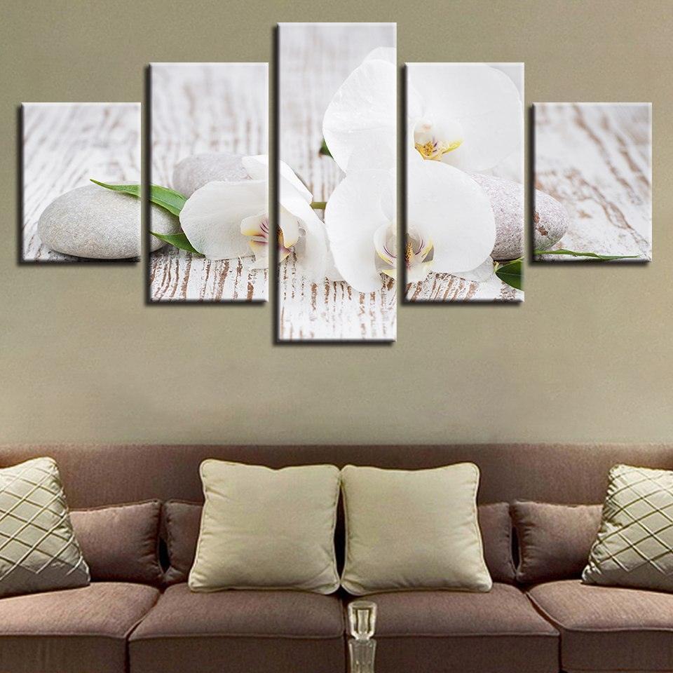 White Phalaenopsis 5 Piece HD Multi Panel Canvas Wall Art Frame-Original Frame