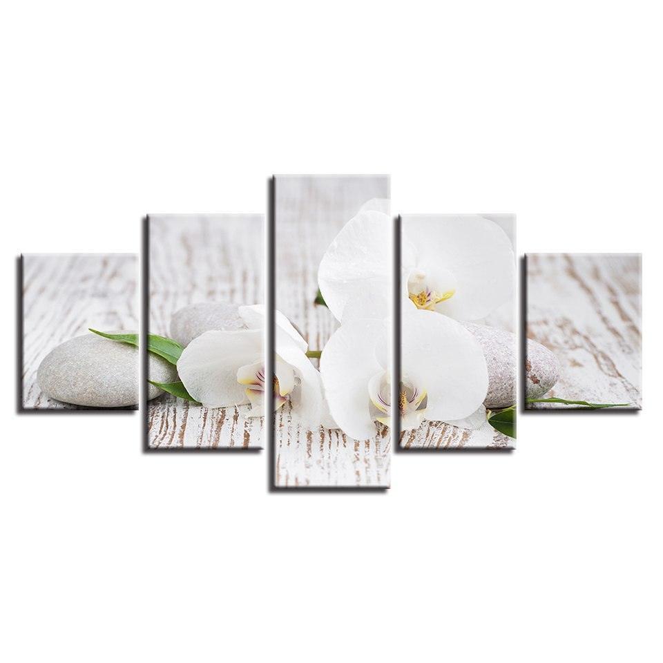 White Phalaenopsis 5 Piece HD Multi Panel Canvas Wall Art Frame-Original Frame