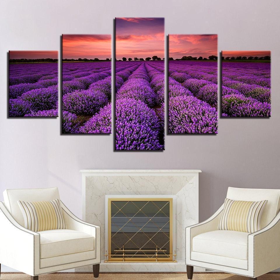 Lavender Fields At Sunset 5 Piece HD Multi Panel Canvas Wall Art Frame-Original Frame