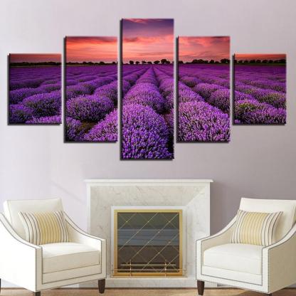 Lavender Fields At Sunset 5 Piece HD Multi Panel Canvas Wall Art Frame-Original Frame