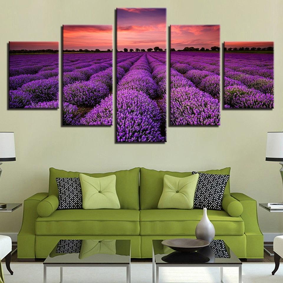 Lavender Fields At Sunset 5 Piece HD Multi Panel Canvas Wall Art Frame-Original Frame