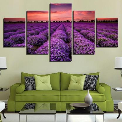 Lavender Fields At Sunset 5 Piece HD Multi Panel Canvas Wall Art Frame-Original Frame