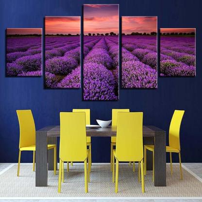 Lavender Fields At Sunset 5 Piece HD Multi Panel Canvas Wall Art Frame-Original Frame